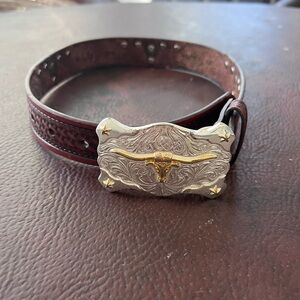 Tony Lama Dark Brown Belt with Silver and Gold Buckle